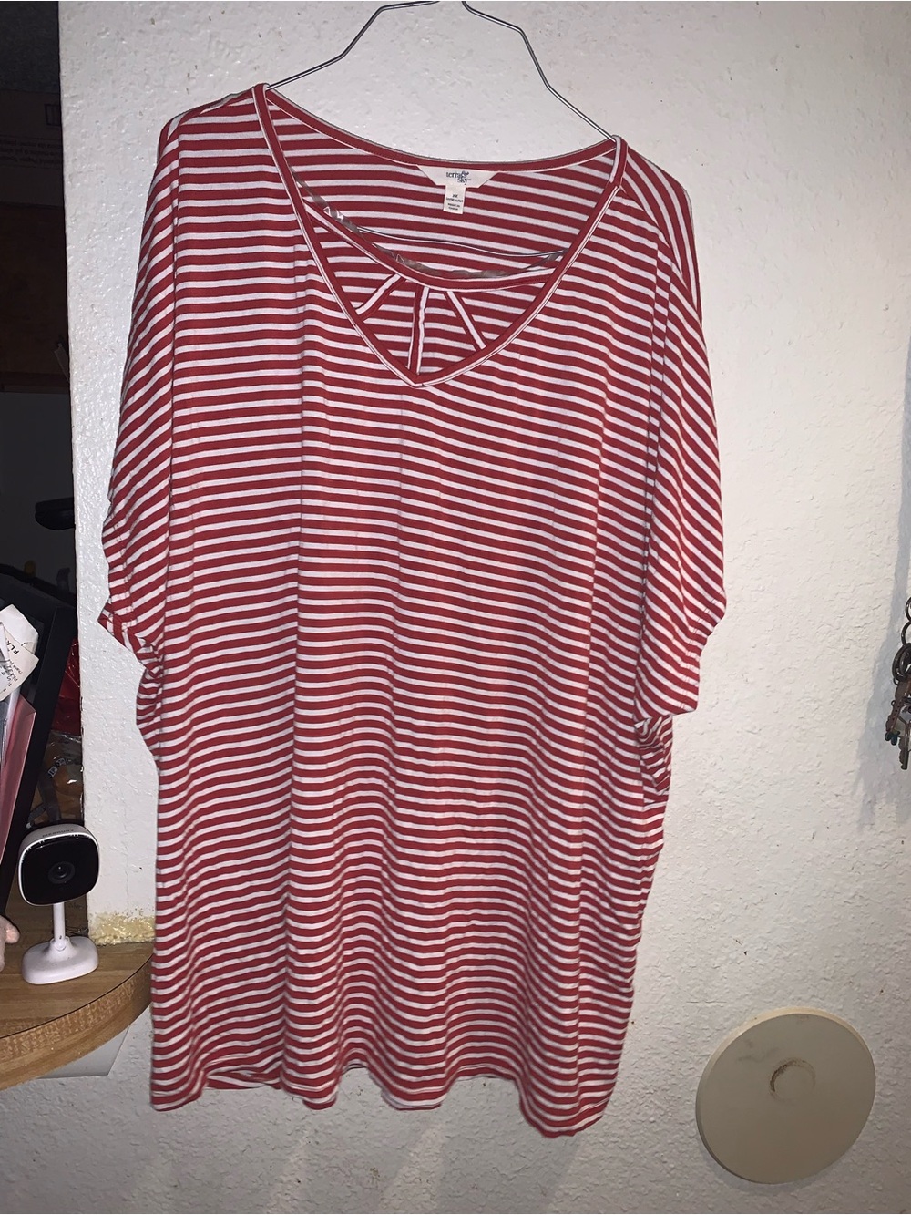 Terra & Sky Red and White Striped V-Neck Short Sleeve Top